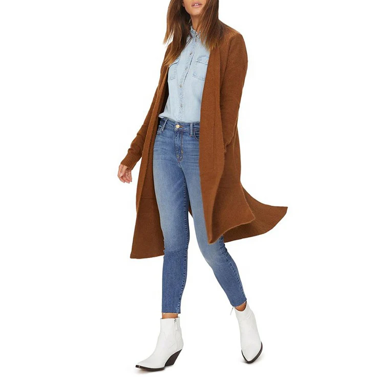 Best Selling Long Sleeve Open Front Knitted Side Slit Hem Drop Cardigan