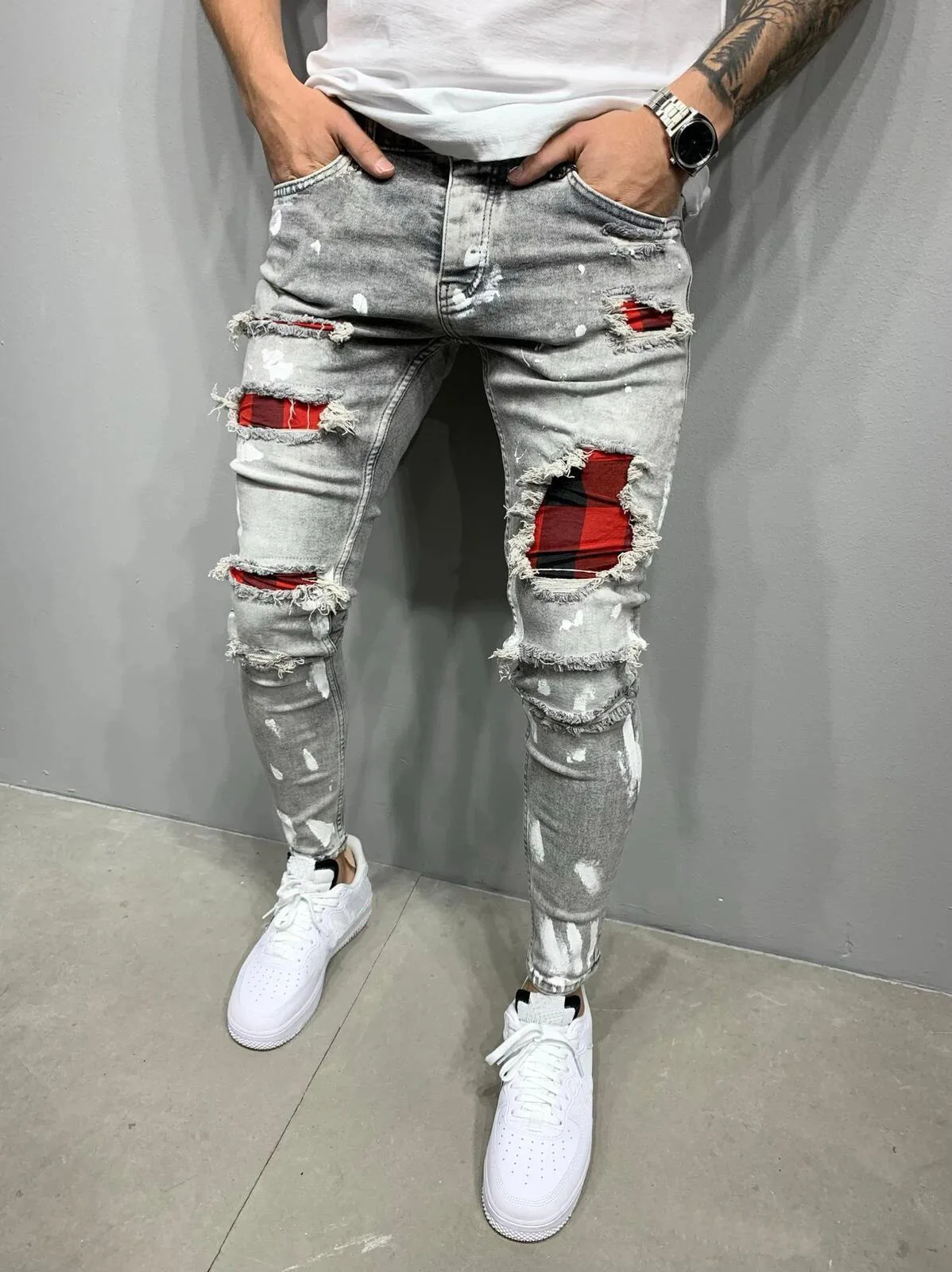 Newly Arrived Custom High Waist Skinny Jeans Patch Ripped Hole Men Stacked Pants Men Stretch Trousers Jeans