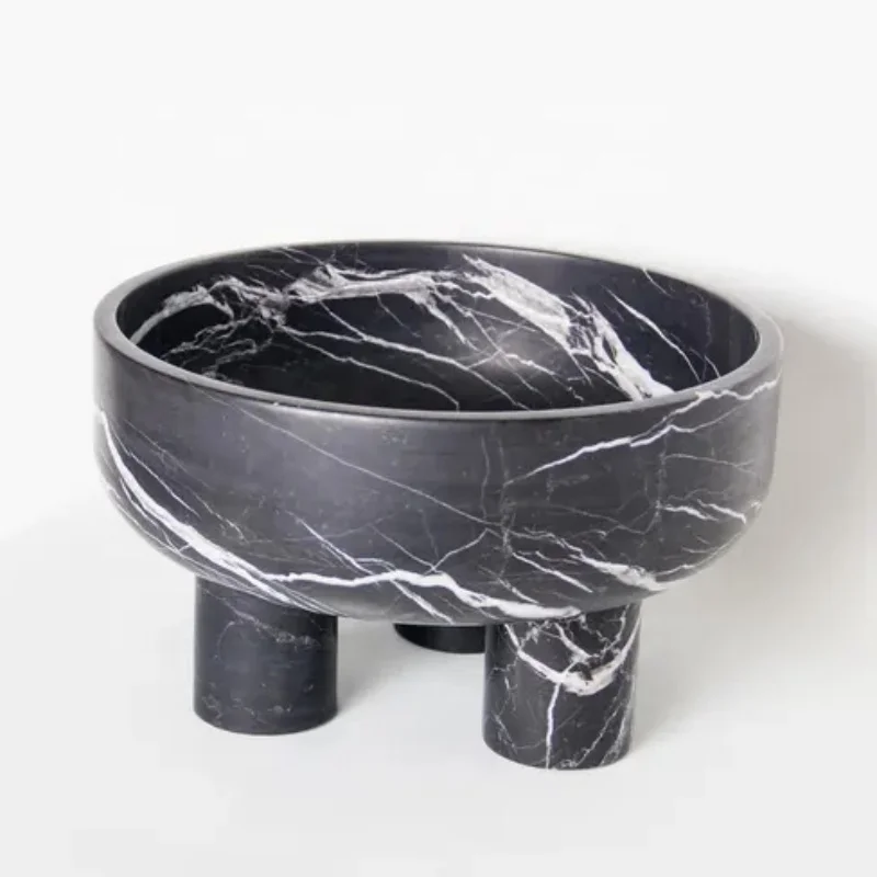Extra-large Handmade Nero Marquina Marble Pedestal Bowl With 3 Legs
