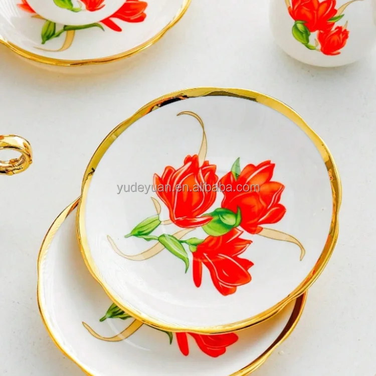 European Afternoon Tea Handmade Ceramic Gold Plated Custom Printed Design Arabic Wholesale Tea Turkish Coffee Cups And Saucers