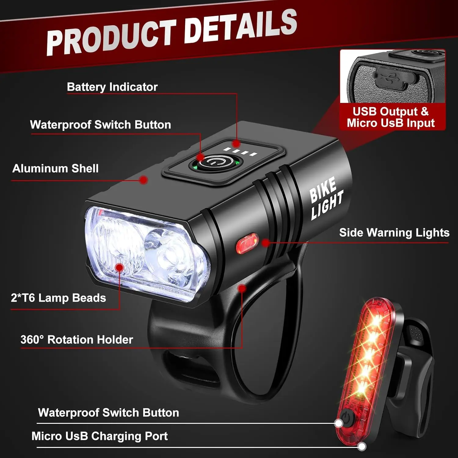 LED Bike Light Set Front And Tail Rear Light Upgrade Waterproof Cycle Lights USB Rechargeable Lamp Mountain Riding