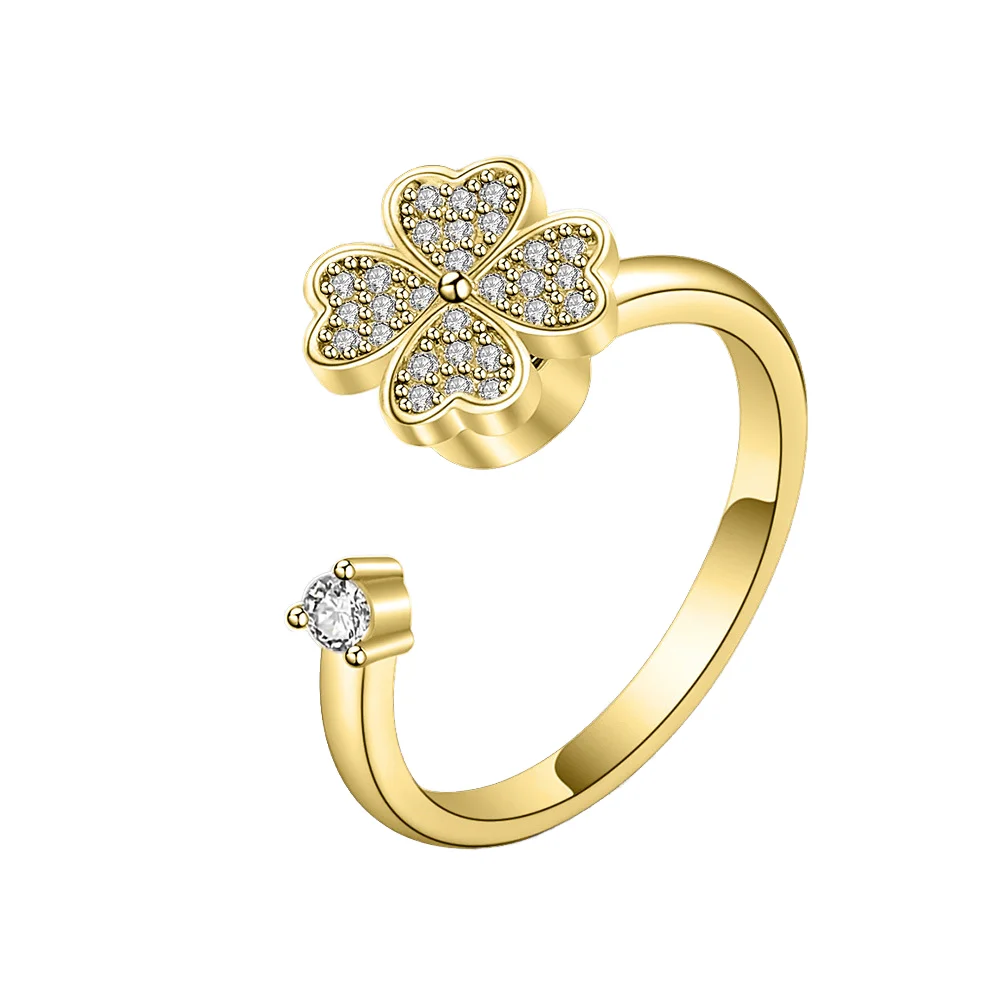 Korean Version Adjustable Female Stainless Steel Wedding Ring Trendy Four-leaf Clover Opening Inlaid Zircon Engagement Couple