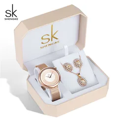 Shengke Brand 12 Styles Charm Women Jewelry Set Rose Gold Steel Quartz Watches Crystal Necklace Earring Set Ladies Fashion Gift