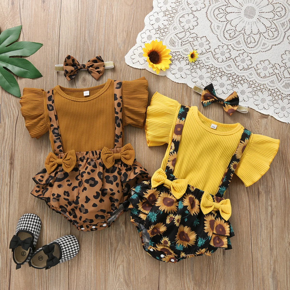 Kids Clothing Baby Summer Set Pit Stripe Sunflower Strap 3pcs Cross Border European American Girls