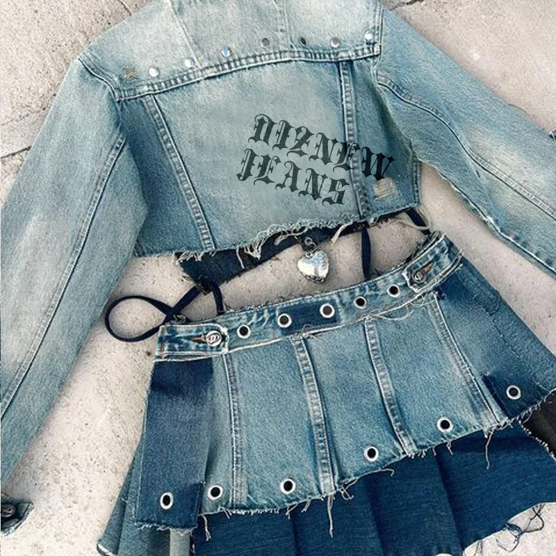 DIZNEW Custom designer fashion sexy denim skirt women y2k short denim top and denim skirt 2 piece set for women