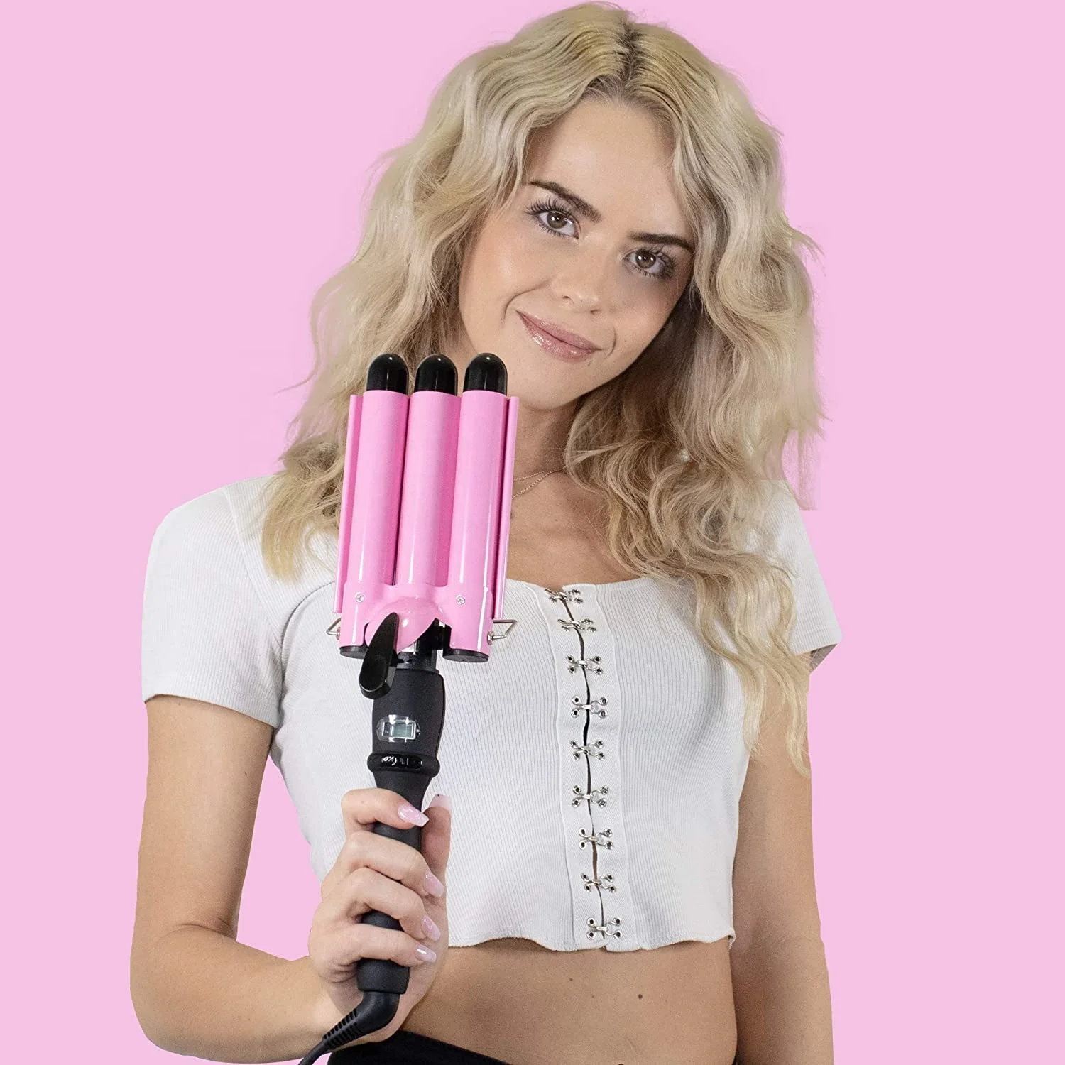 3 Barrel Curling Iron Wand Dual Voltage Hair Crimper with LCD Temp Display Temperature Adjustable Portable Hair Waver Heats Up