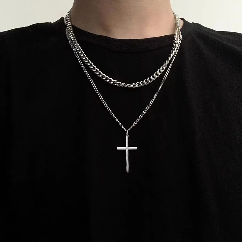 Titanium Steel Double-Layer Cross Necklace with Pearl Trendy Hip-hop Style for Men Women All-Match Sweater Chain Accessories