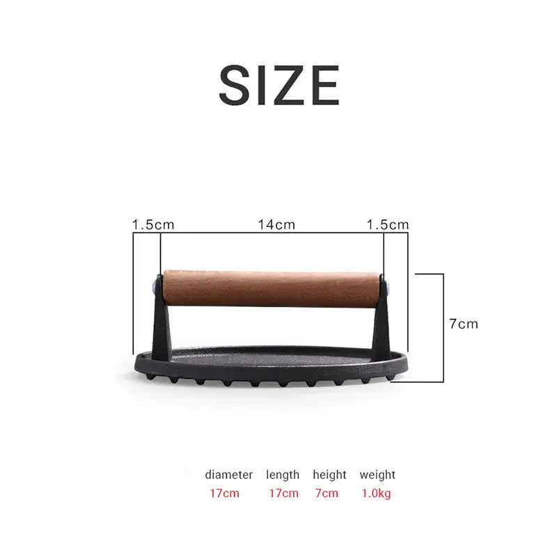 Non-stick cast iron Round and Square Iron Hamburger Bacon Meat Crusher Kit Hamburger Crusher with wooden handle
