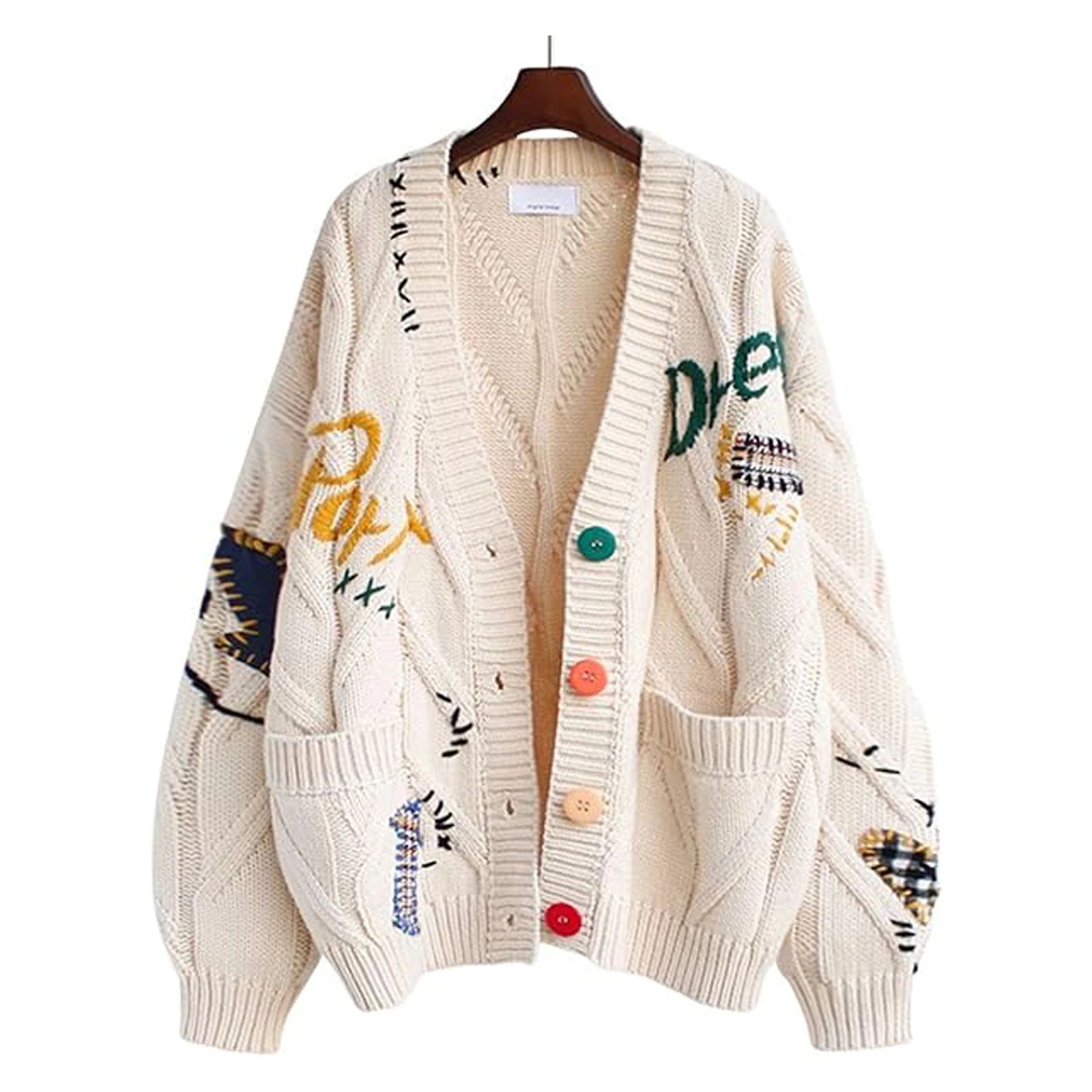Women Chunky Cable Knit Cardigan Embroidery Button Down Sweater Jacket Knitwear