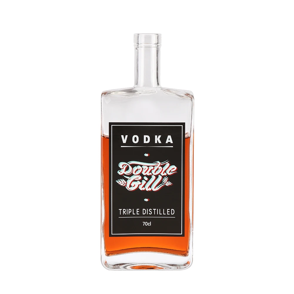 Hot sale empty rectangle 500ml gin spirit glass bottle custom decal 700ml 750ml whiskey liquor glass bottle with cork stopper