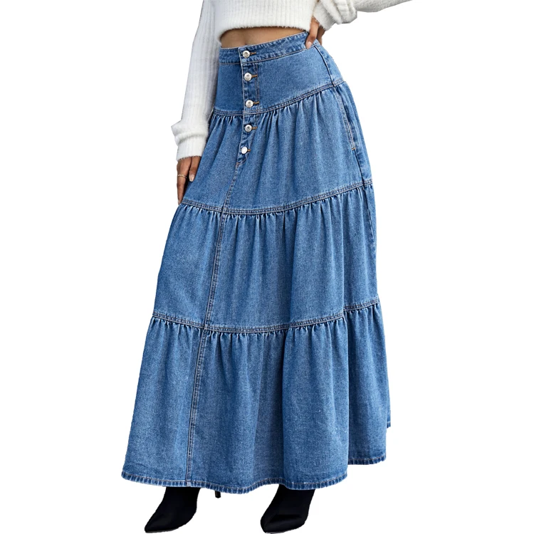 Long denim jean skirt woman denim plus-size manufacturer denim maxi skirt with circles