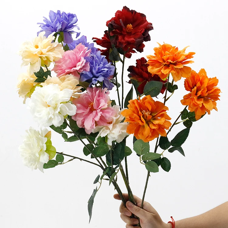 Artificial flower single stem 3 heads peony flower arrangement  fabric flower for decoration