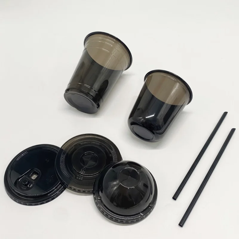 Pet Black Plastic U Cup 12 16oz Cold Drink Coffee Bubble Tea Cup U Shaped Cups with Lid Sprinted Logo Custom Plastic Disposable