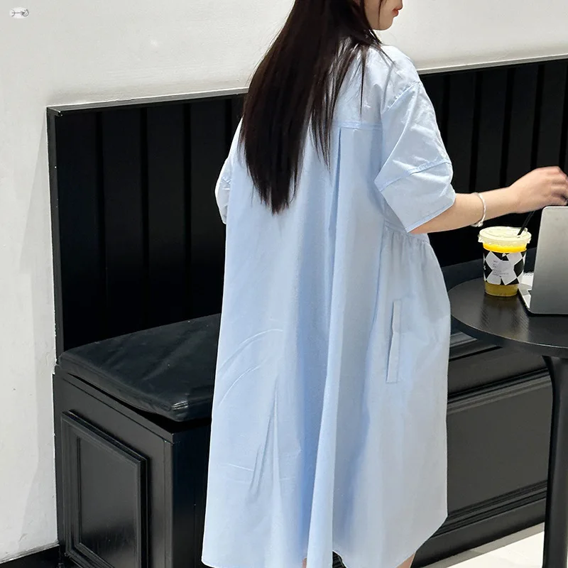 2024 New  Children Girl Short Sleeved Light Blue Shirt Dress Teenagers Cotton Dress 5-15 Years
