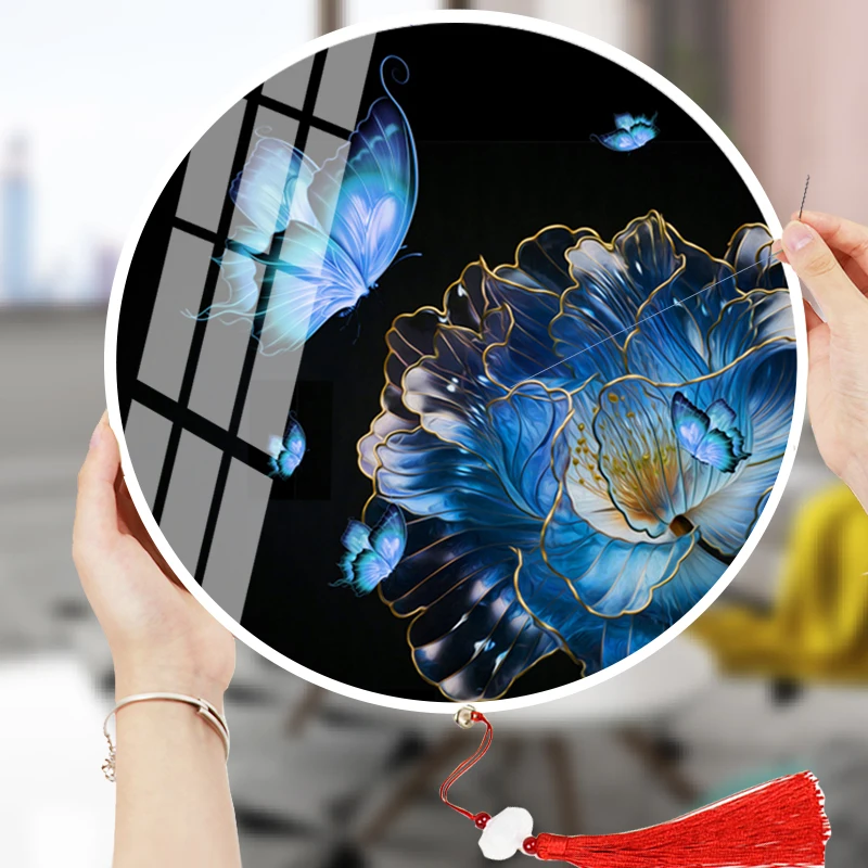 
Needle and thread printed cross stitch, Diamond painting round photo frame, blue butterfly diy cross stitch kit 