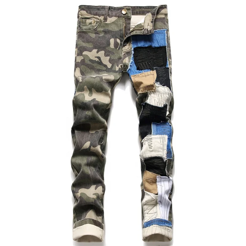 SKYKINGDOM gz longchan 2022 OEM/ODM Camouflage Complet Jeans Patch Ripped Jeans straight camouflage patchwork Denim Pants For Me