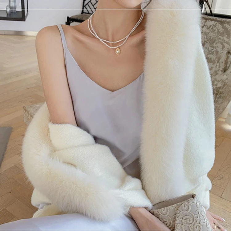 Ladies Faux Mink knitting Fur Shawl Fox Fur Collar Mid-Length Solid Color Tassel Fur Shawl
