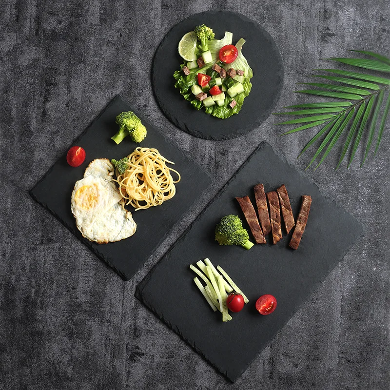 Rectangle Black Rock Plate Slab Round Natural Slate Dinner Plates Pasta Sushi Food Photography Props Serving Tray Cake Dishes pl