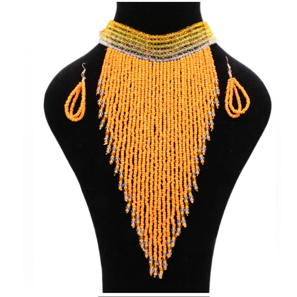 Traditional ethnic zulu collier femme africain South Cascade Zulu maasai beaded fringe long pendant necklace earring jewelry set