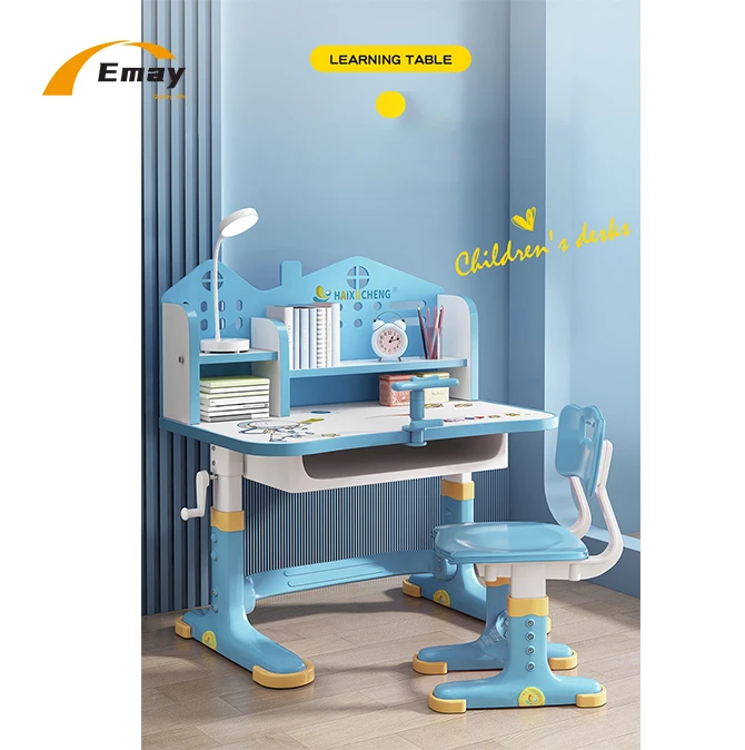 Hand Cranking Adjustable Kid Primary School Students Study Cartoon Pattern PP Table and Chair Set