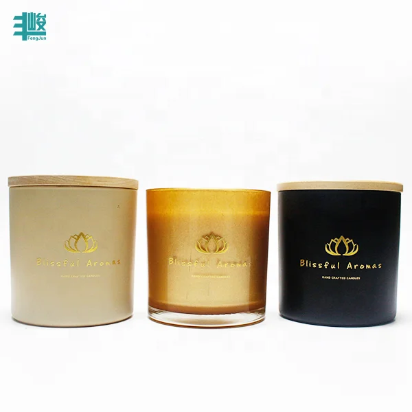 FENGJUN custom private labels scented candles jar with engraved wood lid for gold black luxury candle holder glass