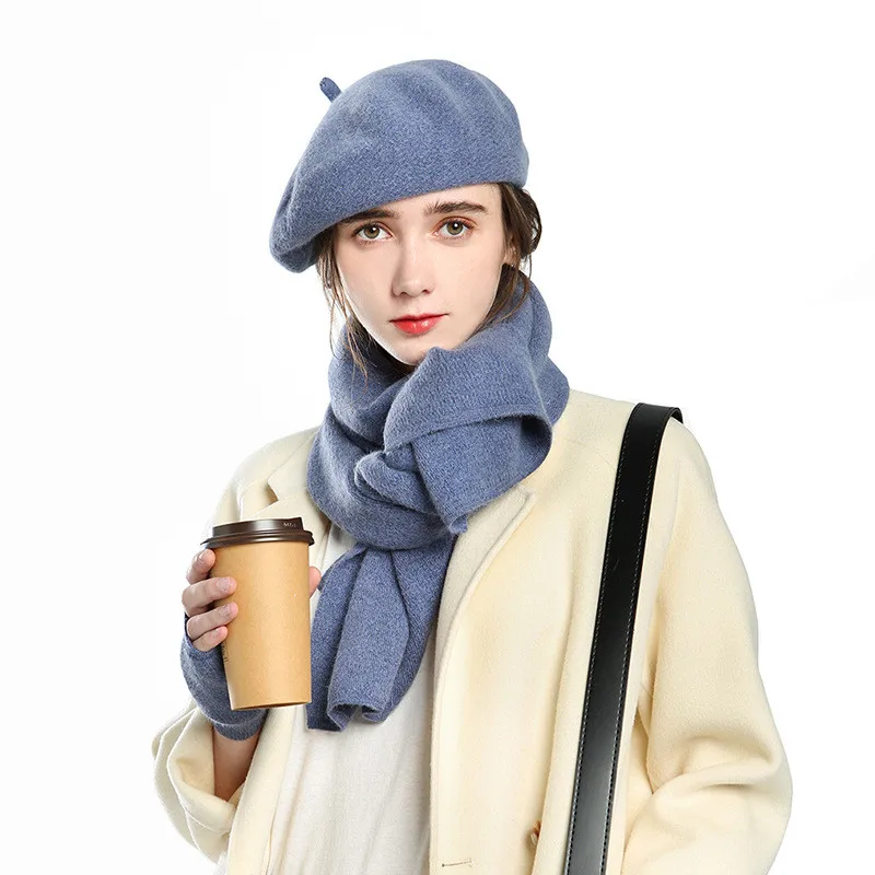 JSC02 Pure color all match casual fedora hats winter hat scarf set beret hat for women