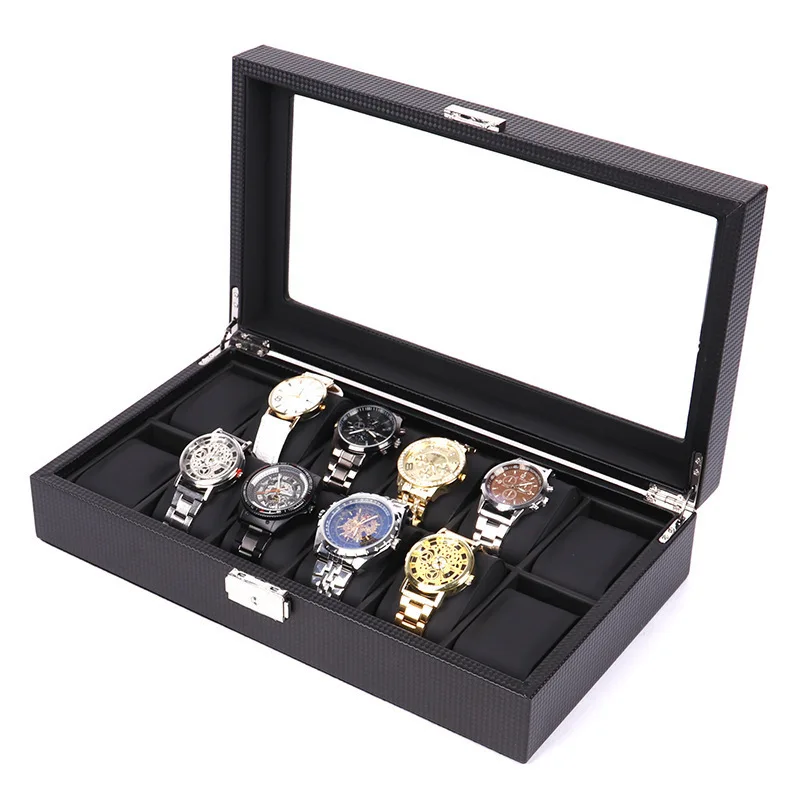 Популярный 12 Слот черный кожаный ящик для хранения часов Органайзер с замком