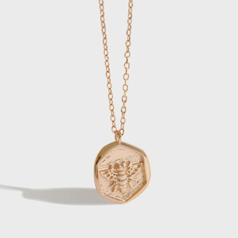 S925 sterling silver dainty honeybee Pentagon coin pendant necklace for women