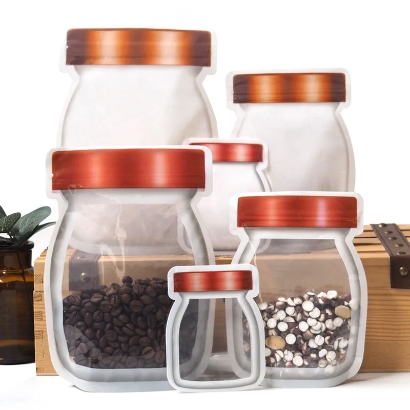 Multi Design Plastic Resealable Ziplock Bottle Shaped Stand Up Pouch Packaging Doypack Food Snack Storage Mason Jar Zipper Bag