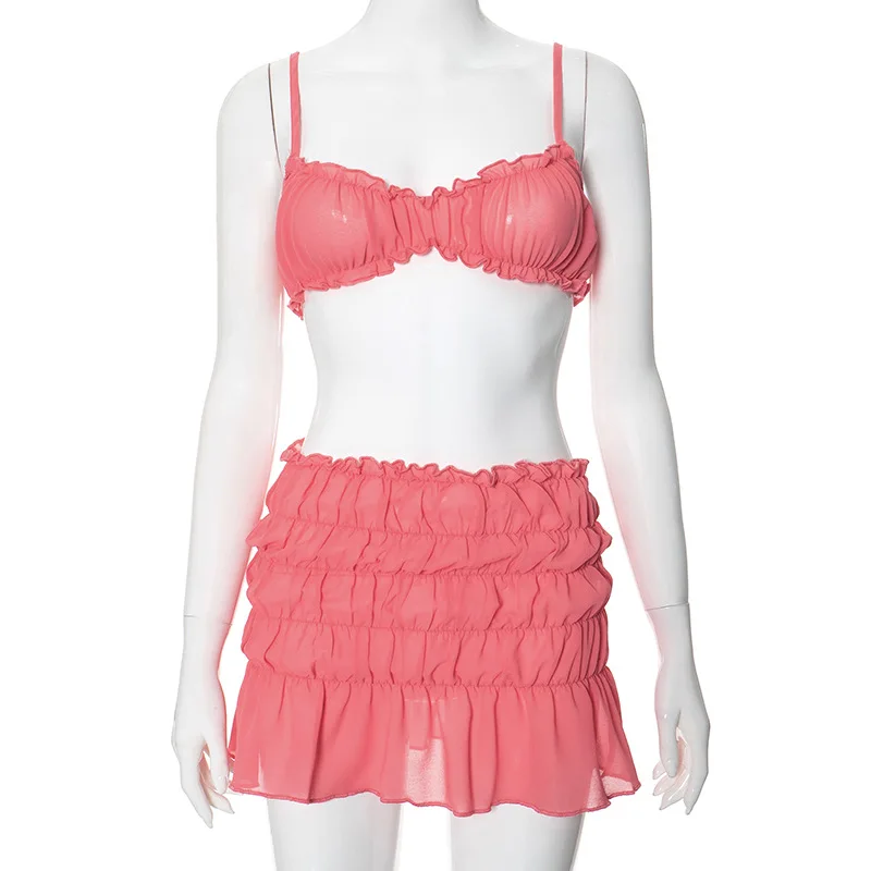 Wholesale Hot Style Solid Color Halter Crop Top Mini Skirt Sexy Two Piece Skirt Set