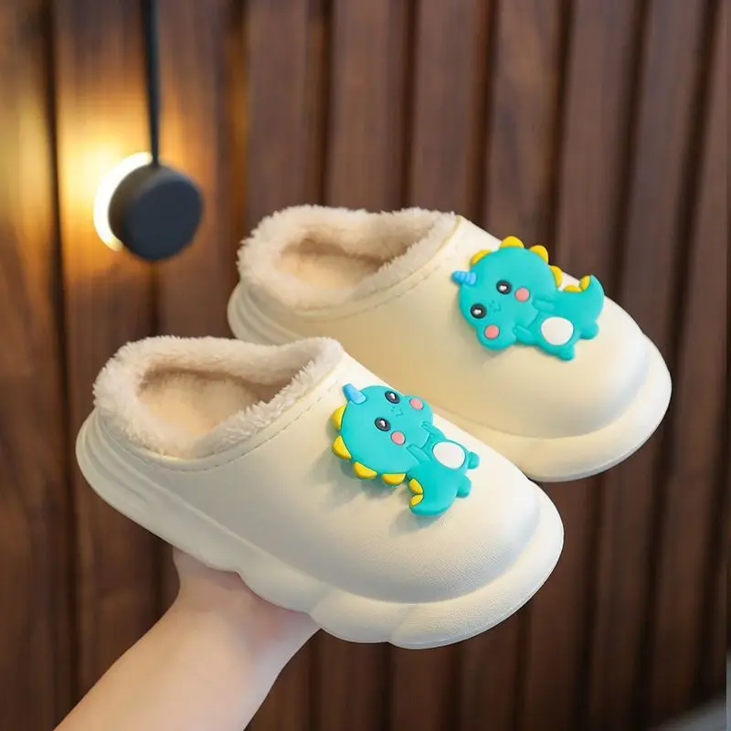 Animal Dinosaur Cartoon Warm Slippers Cute Fashion Winter Waterproof Anti Slip Kids New Bottom Home Plush Slippers For Children