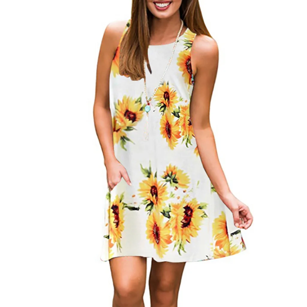 Summer Hot Sunflower Printed Beach Dress Sleeveless O Neck Casual Sundress Floral Print Tank Shirts Pocket Skirts For Women