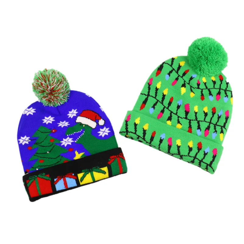 Рождественские украшения, вязаные шапки из полиэстера с помпоном, Рождественская светодиодная шапка, светящаяся Зимняя Шапка-бини на Рождество