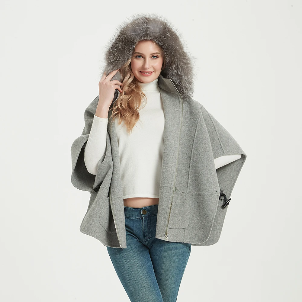 Женская накидка Jtfur, Зимняя шерстяная накидка с капюшоном и воротником из меха енота, на пуговицах