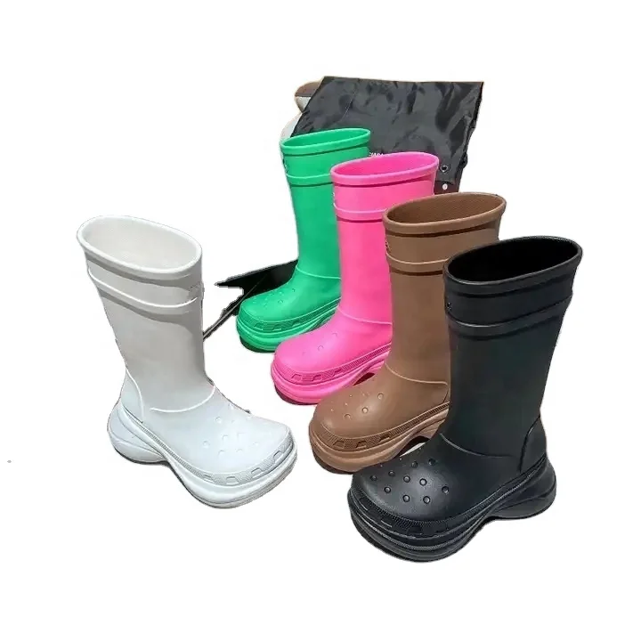 Size35-45 Fashion Flat Fashion Platform Knee High Boots For Women Designer Heel Increasing Jelly Color Rain Croc Boots For Women