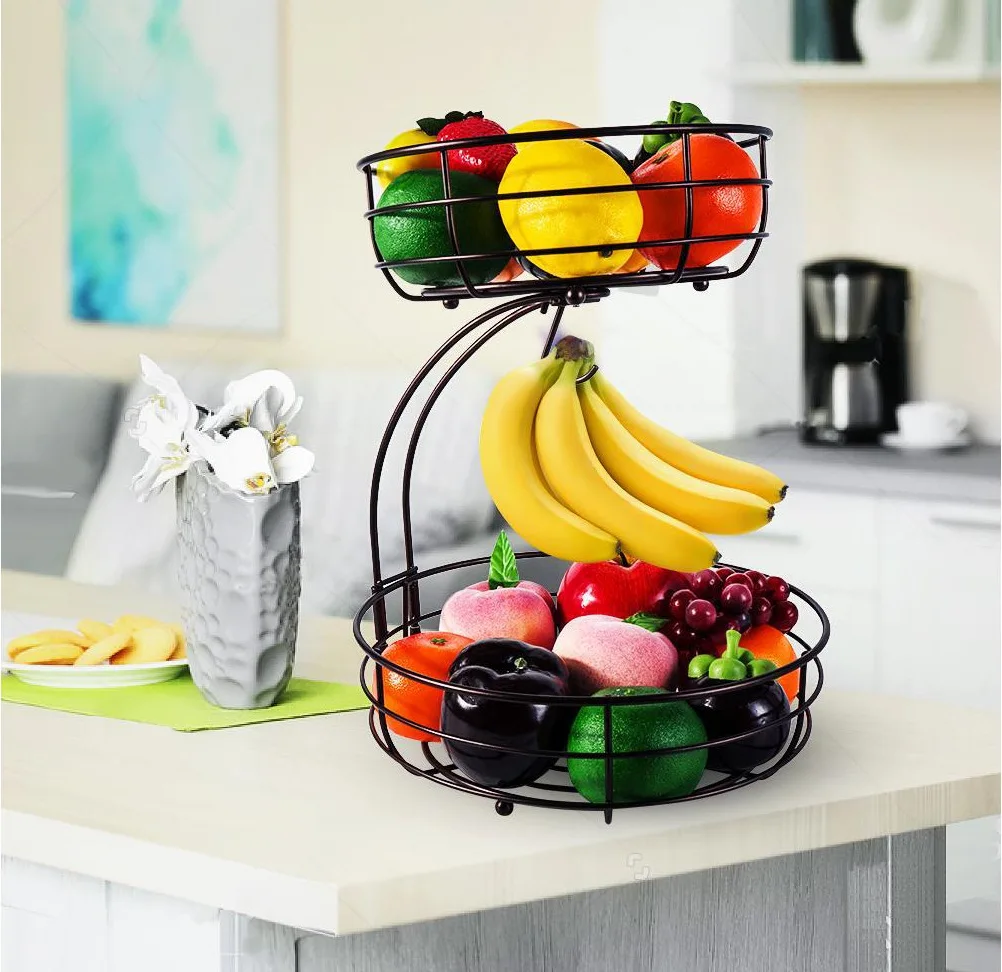 Iron 2-Tier Countertop Fruit Vegetables Basket Bowl Storage With Banana Hanger Black 64 ounces