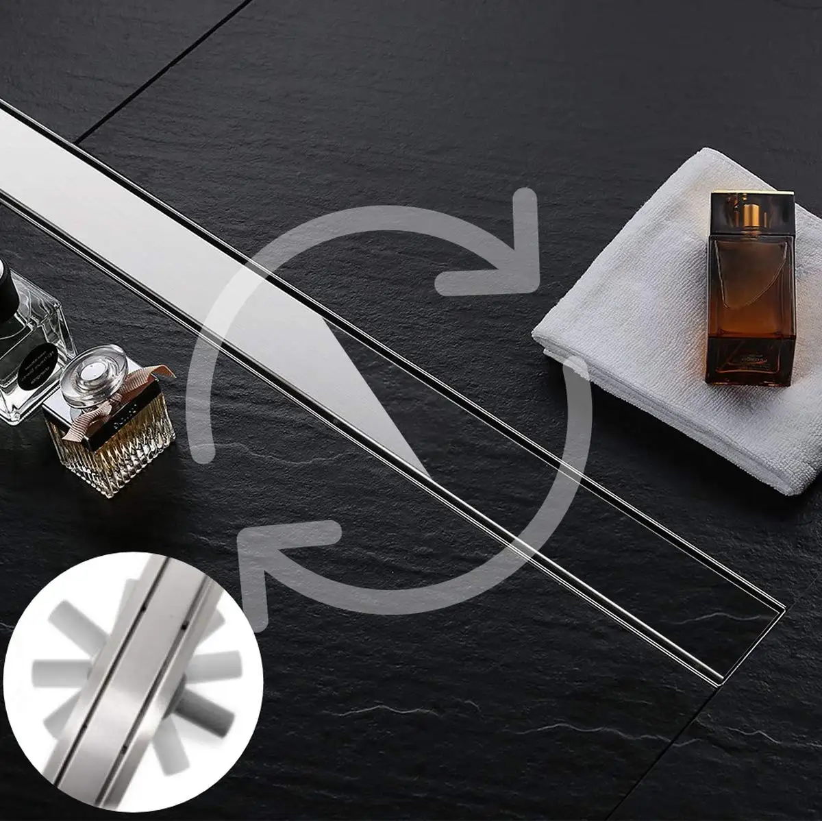 Shower Slim Drain 90 cm Tilable Stainless Steel Floor Drain Double-Sided Drain Self-Cleaning Siphon with Odour Stop Sizes 60-100