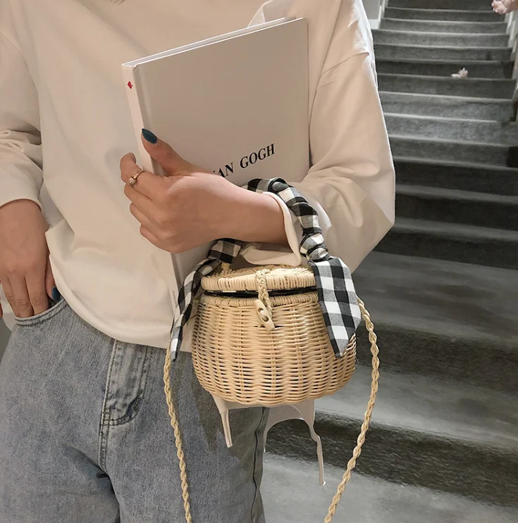 
Children Kids Straw Bag Small Size Round Rattan Shoulder Bag With Scarf 