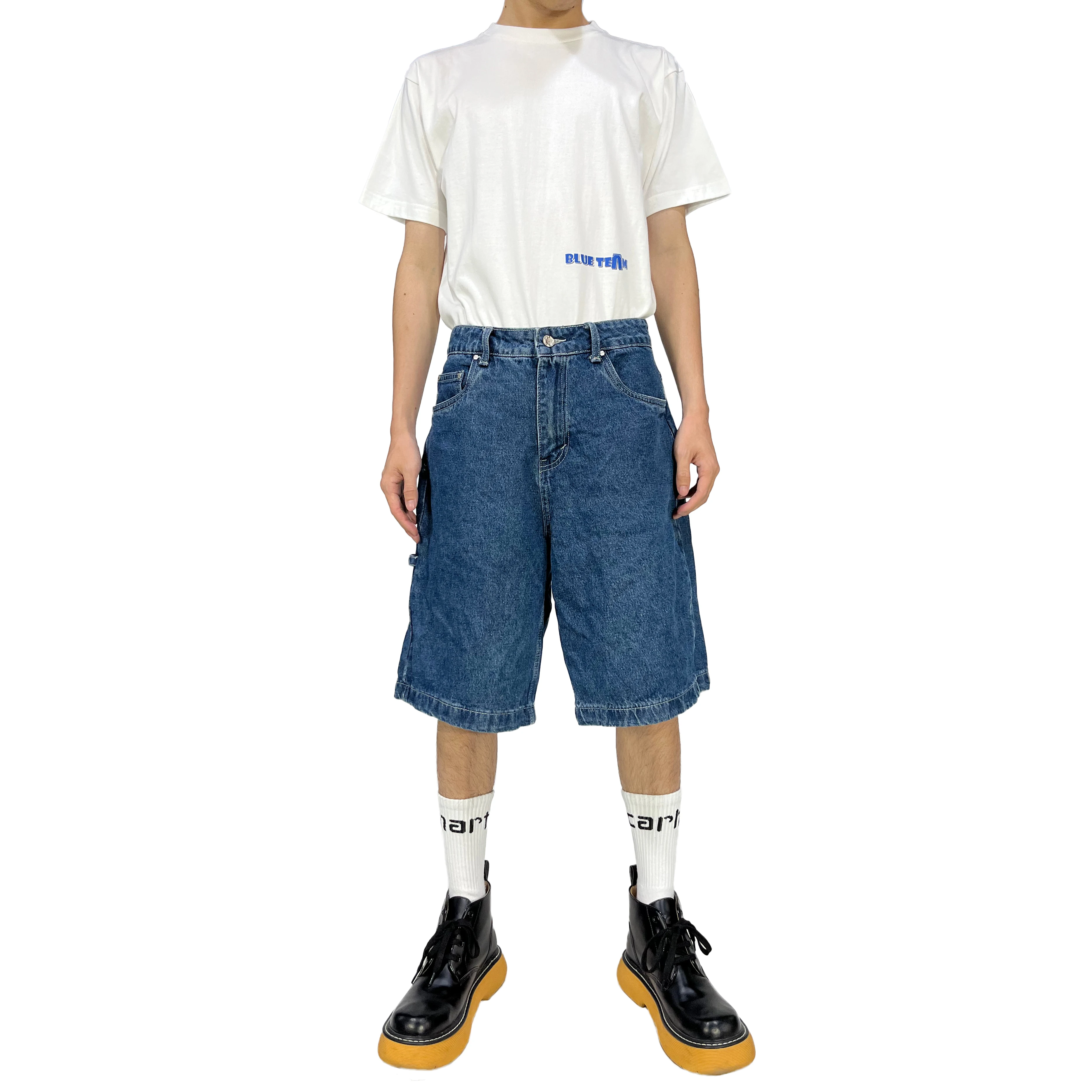 Blue Team Custom high waist hip hop side pockets solid color washable custom men short denim jeans