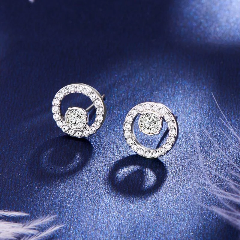 Women Wedding Jewelry S925 Sterling Silver Round Zircon Cubic Zirconia Stud Earrings