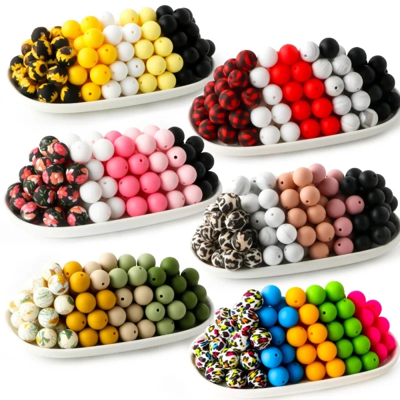 Wholesale 15mm Custom Printed Bead Necklace Lanyard Printed Silicone Beads Toothgel Chewy Bulk Beads for DIY Baby Teething Toys