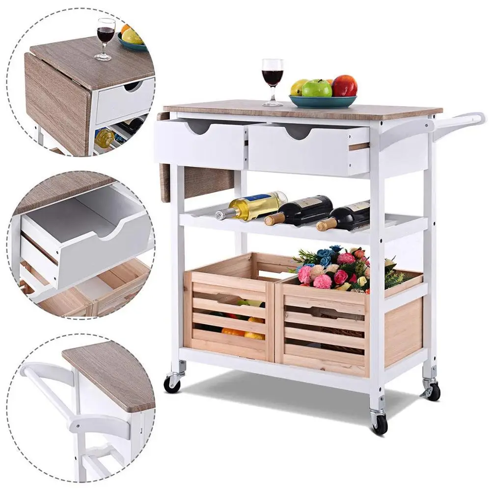 Folding Dining  Rolling Wheels Kitchen Island Storage Utility Cart Portable Trolley Stand with Storage Wooden Basket