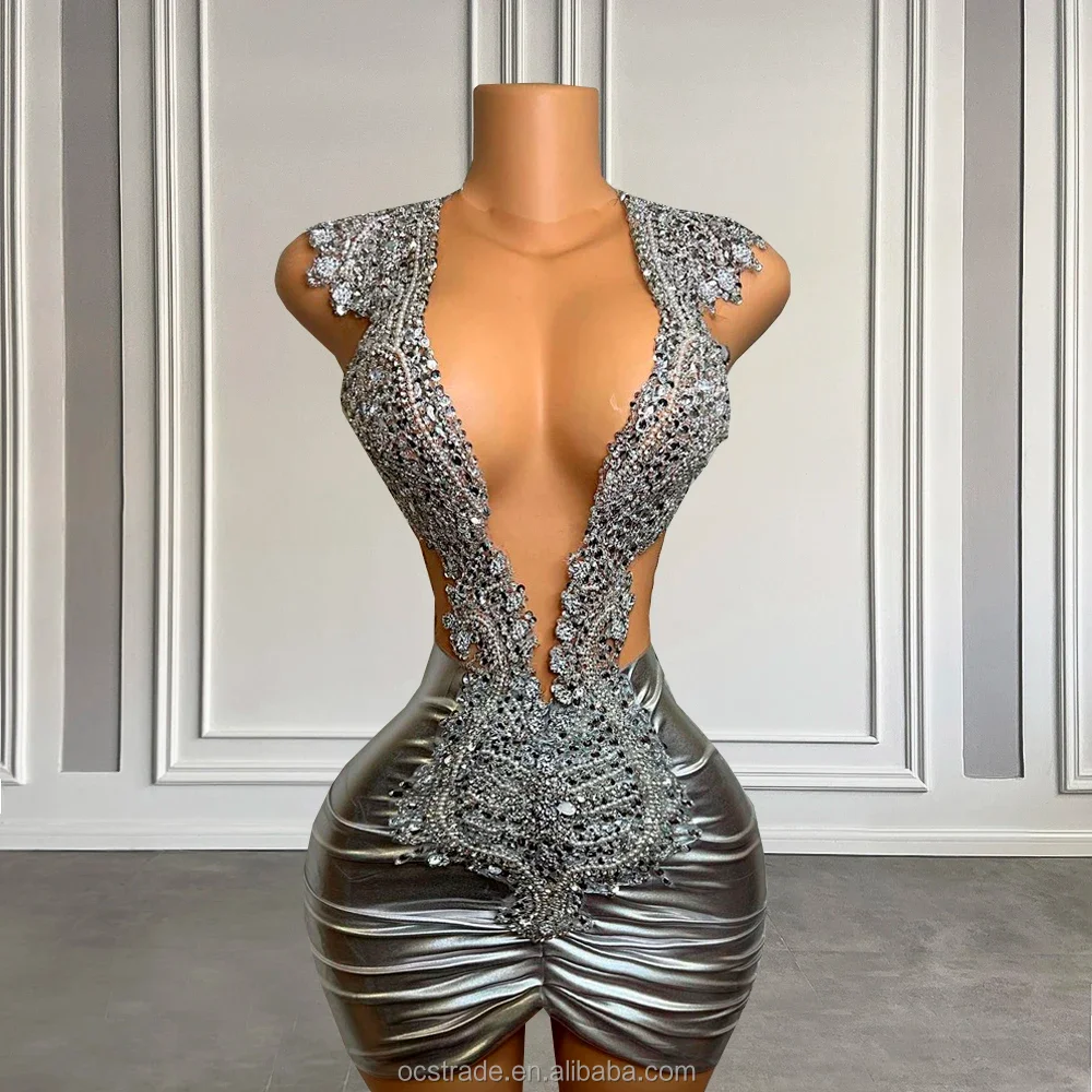 Ocstrade  Fall 2023 Women Clothes Diamond Embellished Rhinestone Party Dress Night Club V Need Pu Leather Birthday Dresses Women