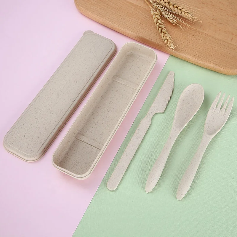 Portable wheat spoon and fork knife reusable wheat straw fiber plastic cutlery with case