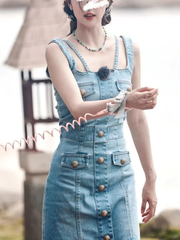 Suspender denim skirt small versatile blue dress sweet hot style high waist vest skirt for women