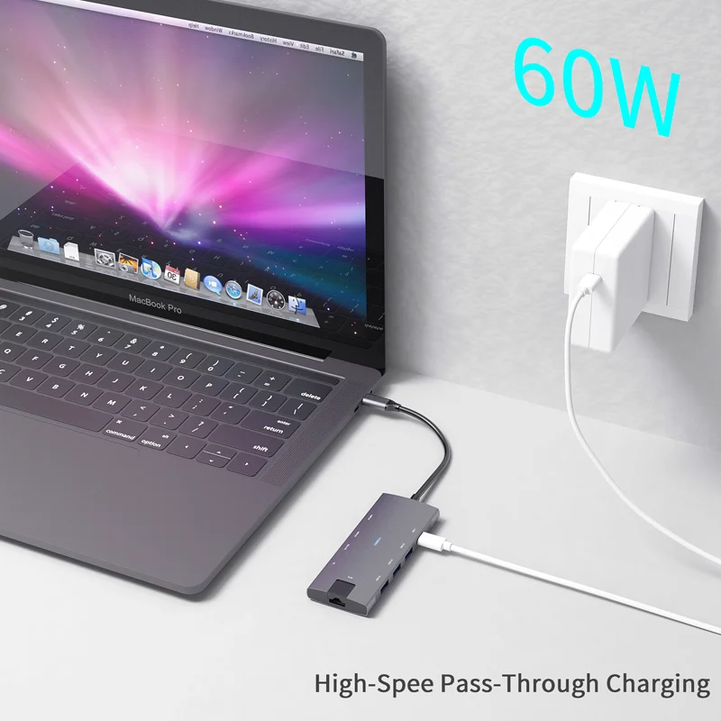 9 Port Type C USB Hub to RJ45 Gigabit Ethernet Dual USB C Docking Station For MacBook Pro Laptops USB Hub