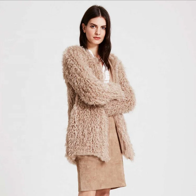 YR146A Longline Knit Curly Sheepskin Lamb Hand Knit Fur Coat