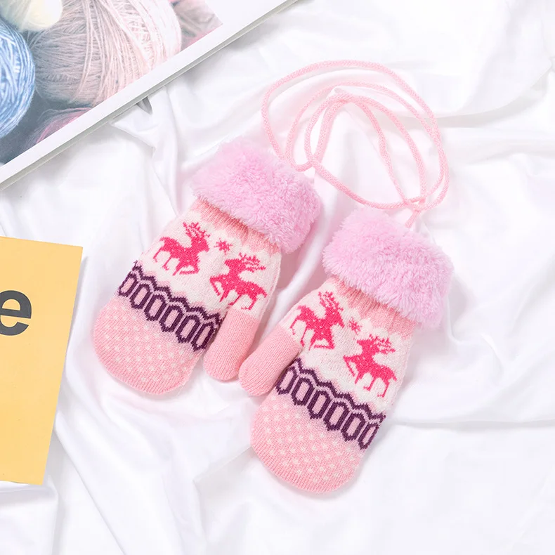 Full Finger Kids Gloves Winter Warm Knitted Mittens Plush Thicken Christmas Gloves For Infant Boys Girls