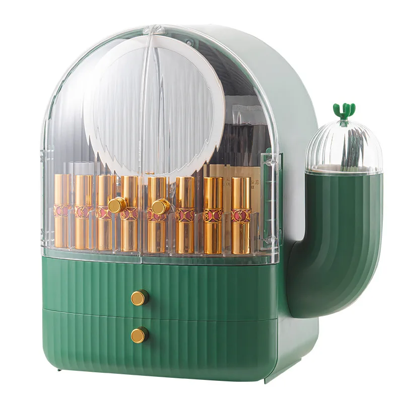 Multi-Function Plastic Cosmetic organizer for Cactus Shape Dressing Table Makeup Storage Box With Mirror and LED Light