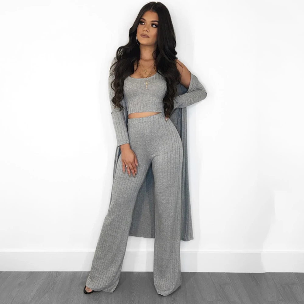 
3 piece suits ribbed jumpsuit with long coat 